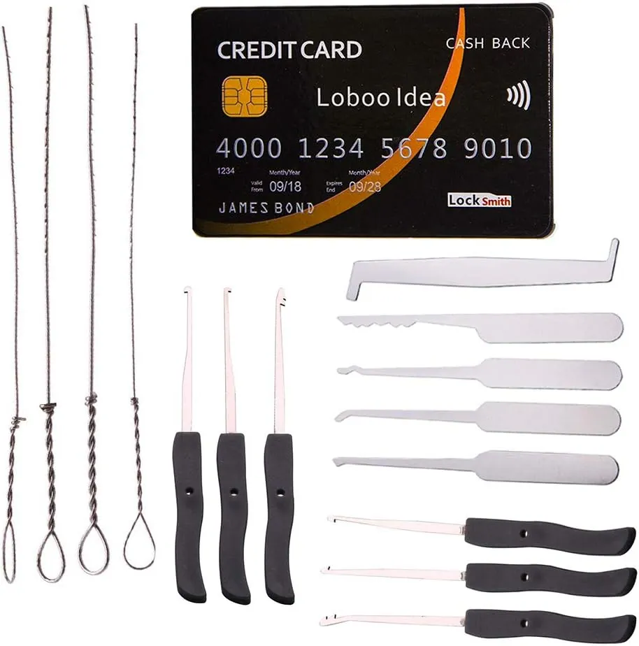 Loboo Idea Outils de sélection de serrure de 15 pièces, comprenant un ensemble de sélection de serrure de style carte de crédit de 5 pièces et un kit d'extracteur de clé cassée de 10 pièces